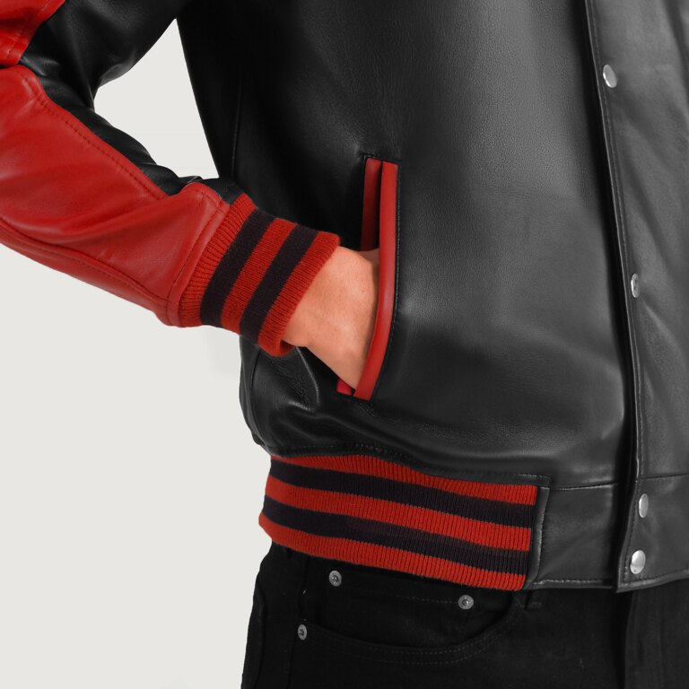 Mens Terrance Black & Red Leather Varsity Jacket Close-Up-9-1704122602692